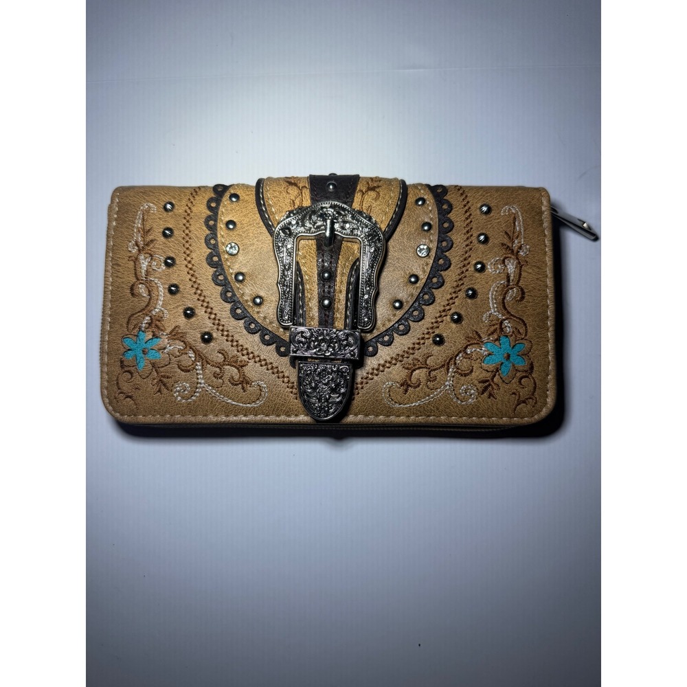 Western Embroidered Buckle Wallet Tan Studded Floral Zip Around Clutch